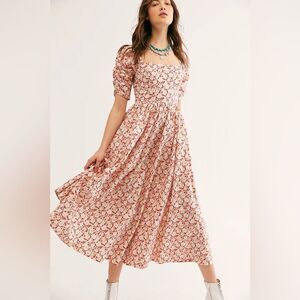 Free People She’s a Dream Red Floral Puff Sleeve Cottage Prairie Midi Dress